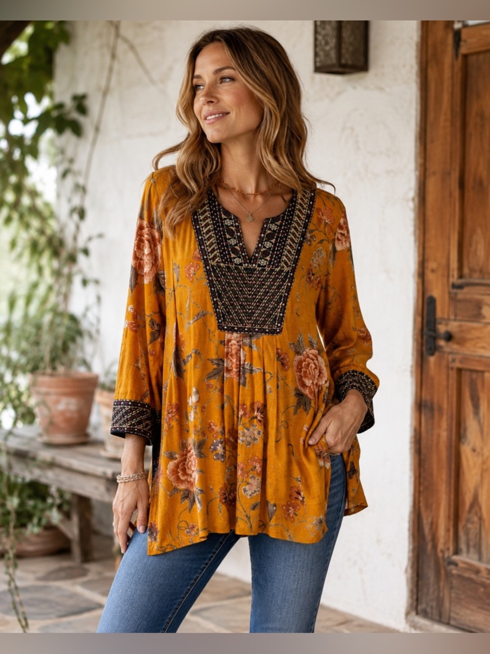 Soft Surroundings Women’s XL Etana Mustard Floral Embroidered Boho Tunic Top